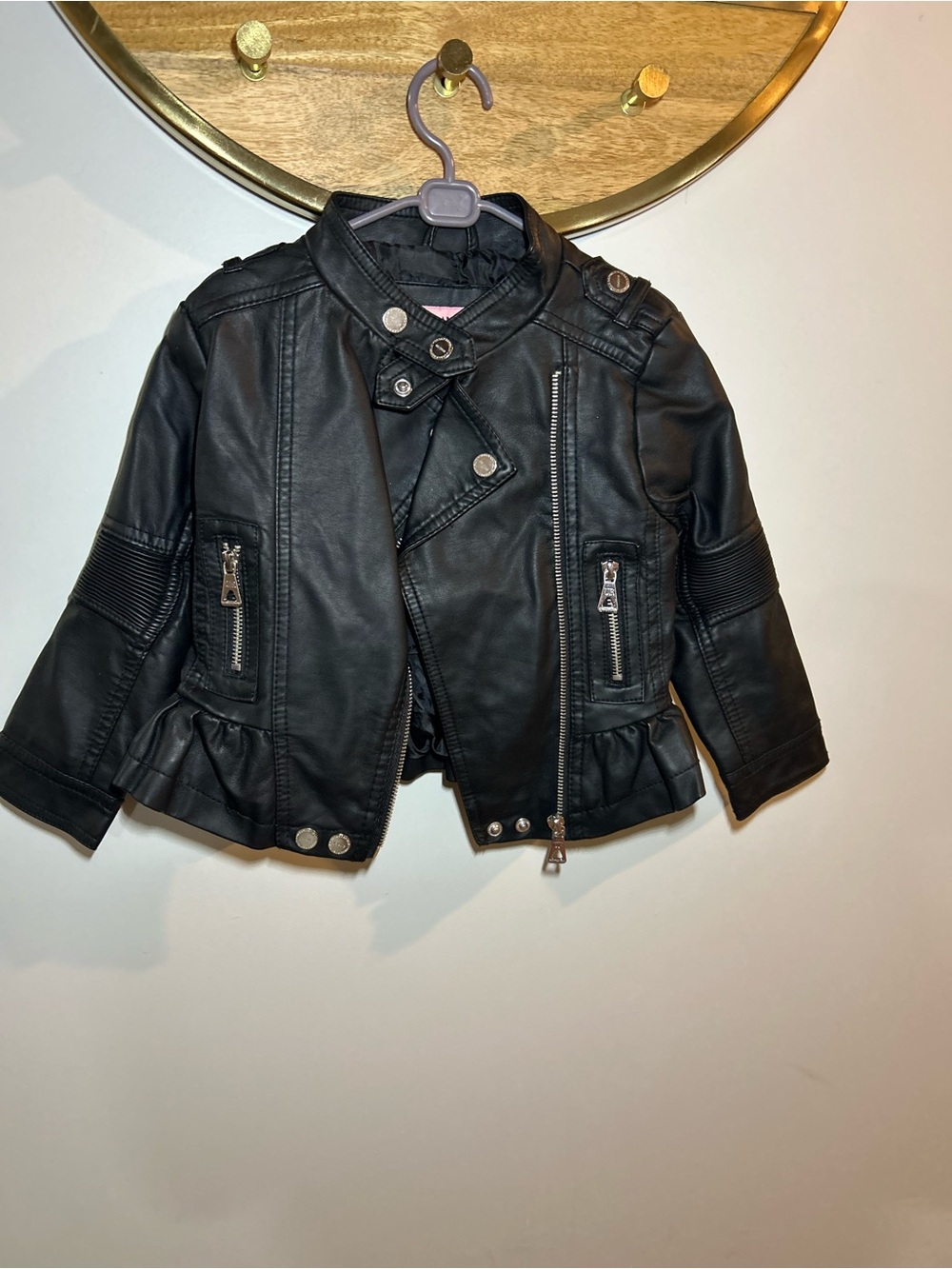 Urban Republic Black Faux Leather Ruffle Hem Moto Jacket for Kids